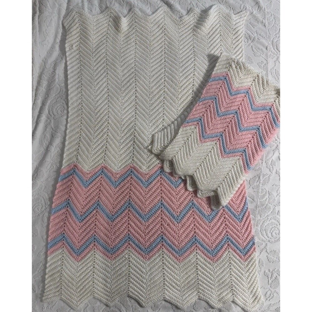 2 Vintage Handmade 50x32 Twin Afghan White Pink Blue Yarn Baby Blanket Twins